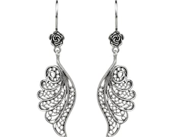 925 Sterling Silver Angel Wings Women Dangle Earrings, Filigree Art Handcrafted Women Dangle Drop Earrings