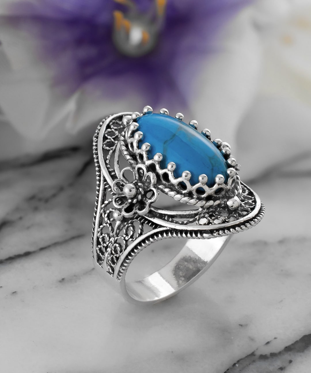 925 Sterling Silver Turquoise Gemstone Women Cocktail Oval Ring ...