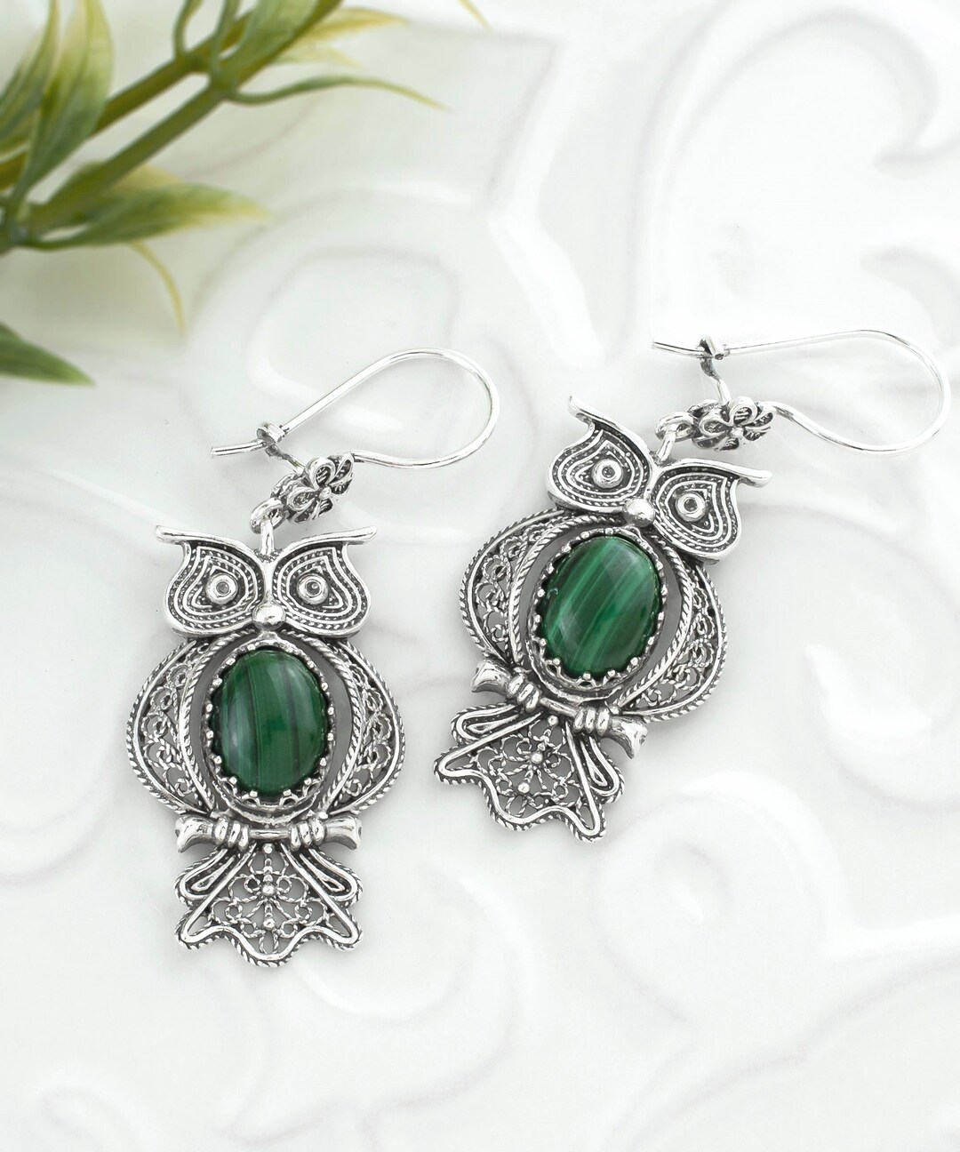 925 Sterling Silver Owl Design Malachite Dangle Drop Earrings, Artisan ...