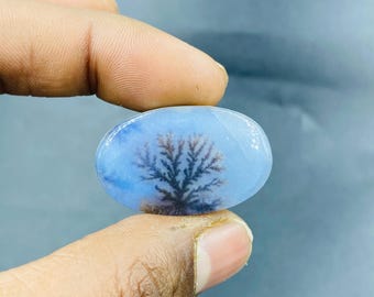 May include: An oval-shaped, light blue gemstone with a dendritic pattern resembling a tree. The stone has a polished surface and displays a natural, organic design. The dendritic inclusions are dark brown and black.