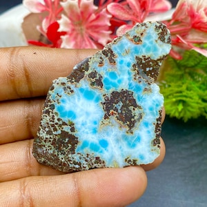 May include: A flat, irregularly shaped piece of Larimar stone featuring a vibrant sky-blue color with distinct, dark brown, and earthy-toned matrix patterns distributed across its polished, semi-translucent surface.