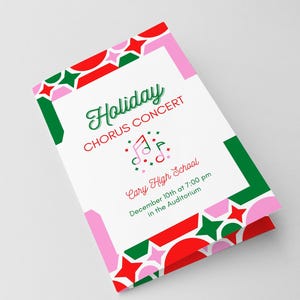 コーラス、オーケストラ、バンド、ピアノのためのホリデーコンサートプログラムテンプレート、クリスマスイベントプログラム