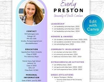 Sorority Resume Template, Rush Resume With Photo, Sorority Recruitment Template
