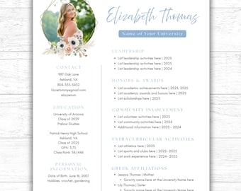 Sorority Resume Template With Photo | Floral Sorority Rush Editable Template