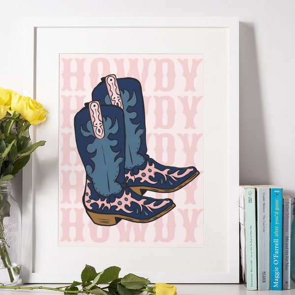 Cowboy Boots Print, Navy Blue and Pink Howdy Poster, Dorm Room Decor, College Apartment Decor