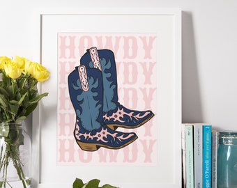 Cowboy Boots Print, Navy Blue en Pink Howdy Poster, Dorm Room Decor, College Apartment Decor