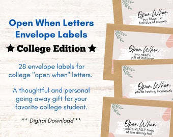 Open wanneer brieflabels, terug naar college cadeau, brieven voor eerstejaarsstudenten