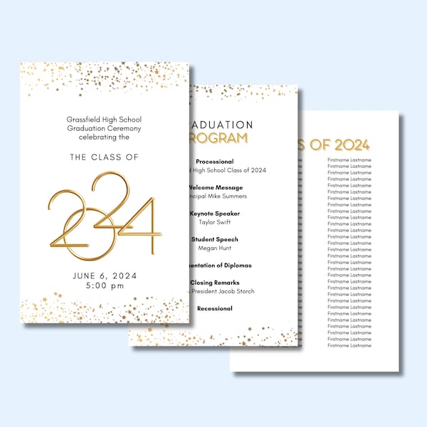 Graduation Program Template for the Class of 2024, Graduation Ceremony Program, High School, College Grad