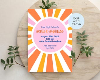 Sunrise Invitation Template, Pink & Orange Sunburst, 5x7 Invitation Editable Canva Template for Senior Sunrise, Baby Shower, Party
