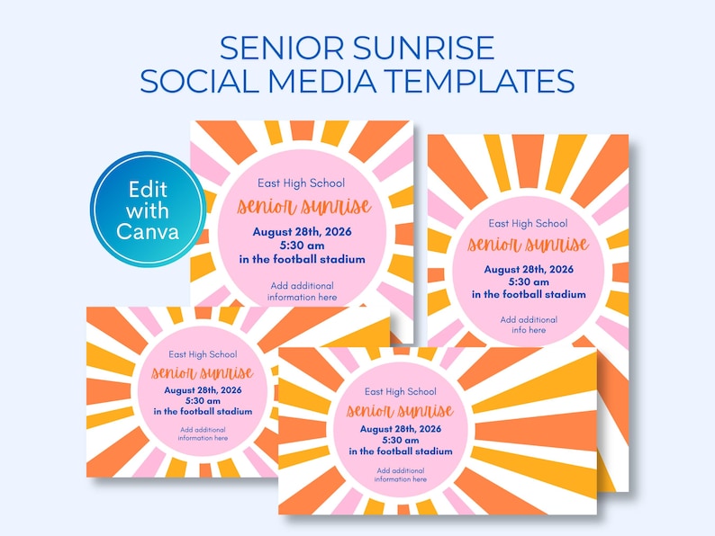 Collage of senior sunrise social media templates, editable Canva templates