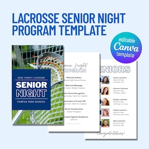 Pode incluir: Um modelo de programa azul e branco para uma noite de graduação de lacrosse. O modelo inclui um taco de lacrosse e uma rede, o texto "Noite de Graduação", e uma lista de eventos para a noite. O modelo também inclui uma seção para os jogadores seniores com seus nomes, fotos e planos futuros.