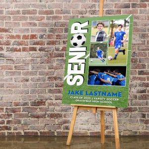 Senior night soccer poster template on an easel