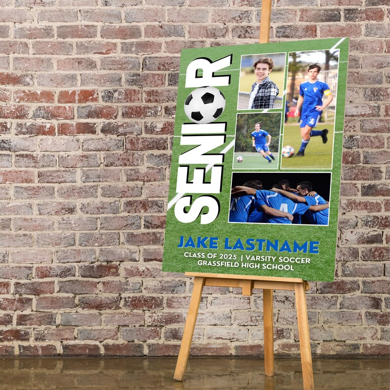 Senior night soccer poster template on an easel