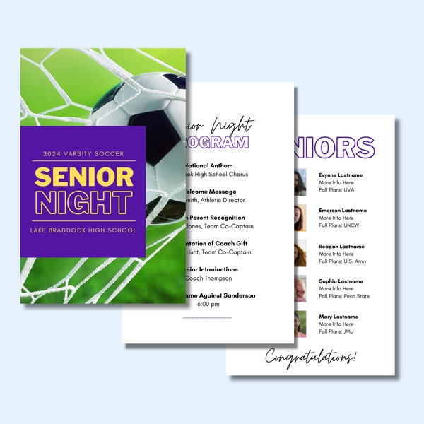 Program Template for Senior Night, Soccer Senior Night Program, Digital Template, Class of 2024