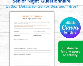 Cuestionario para la Noche de los Seniors / Formulario Biográfico para la Noche Deportiva de los Seniors / Plantilla de Canva para Atletas Seniors