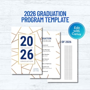 May include: A graduation program template for the class of 2026. The design features a gold geometric pattern on a white background. The program includes the text "2026 Graduation Program Template" and "Edit with Canva".