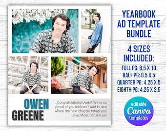 Senior Yearbook Ad Template Bundle, Senior Year Tribute Ad, bearbeitbare Jahrbuchanzeige, vollständige, 1/2, 1/4 und 1/8 Seitenvorlagen