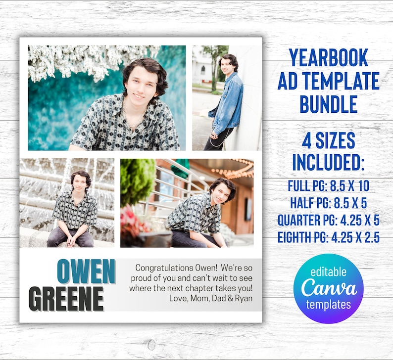 High school Yearbook Ad Templates for boys. Editable Canva templates in 4 sizes: full page, 1/2 page, 1/4 page and 1/8 page
