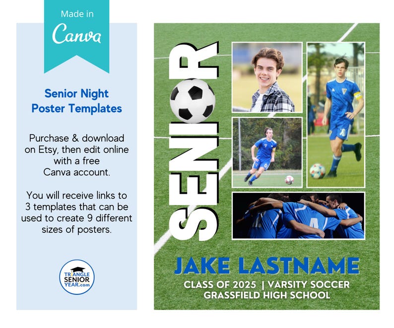 Senior soccer poster template: information about how the purchase and editing process works