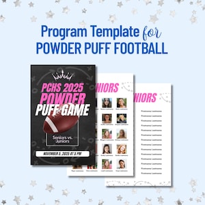 Könnte beinhalten: Eine Vorlag für ein Powder Puff Football-Spiel. Das Design zeigt einen schwarz-rosa Flyer mit einer Football-Grafik und zwei zusätzlichen Seiten mit Fotos und Namen. Der Text lautet "PCHS 2025 Powder Puff Game."
