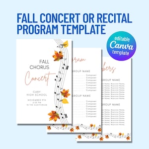 Fall Concert Program Template for Chorus, Orchestra, Band or Piano, Autumn Event Program