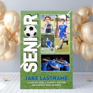 Soccer poster with 4 photos for Senior Night, in a room with gold balloons