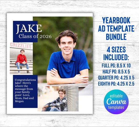 Senior Yearbook Ad Templates, Senior Year Tribute Ad, Editable 1/8, 1/4, 1/2 and Full Page Templates