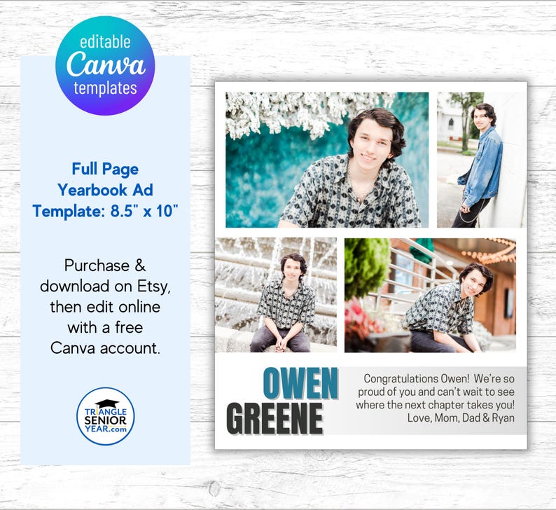 Senior yearbook ad template for boys, full size 8.5 x 10