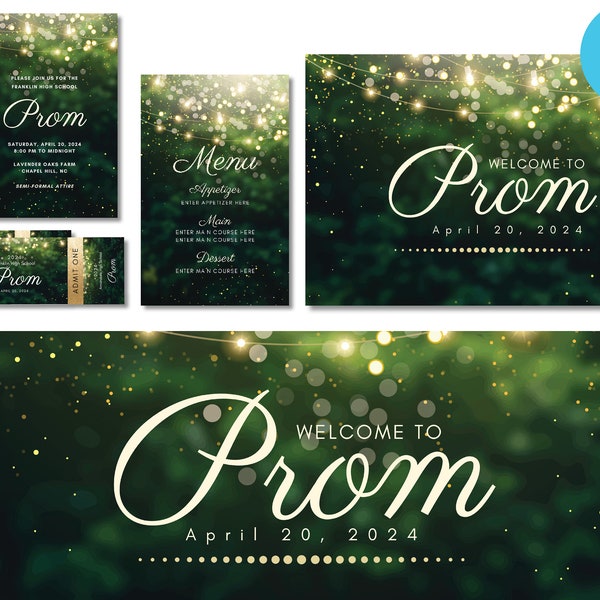 Enchanted Garden Template Bundle for Prom, Special Event or Party: Invitation, Ticket, Menu, Signs, and Banner