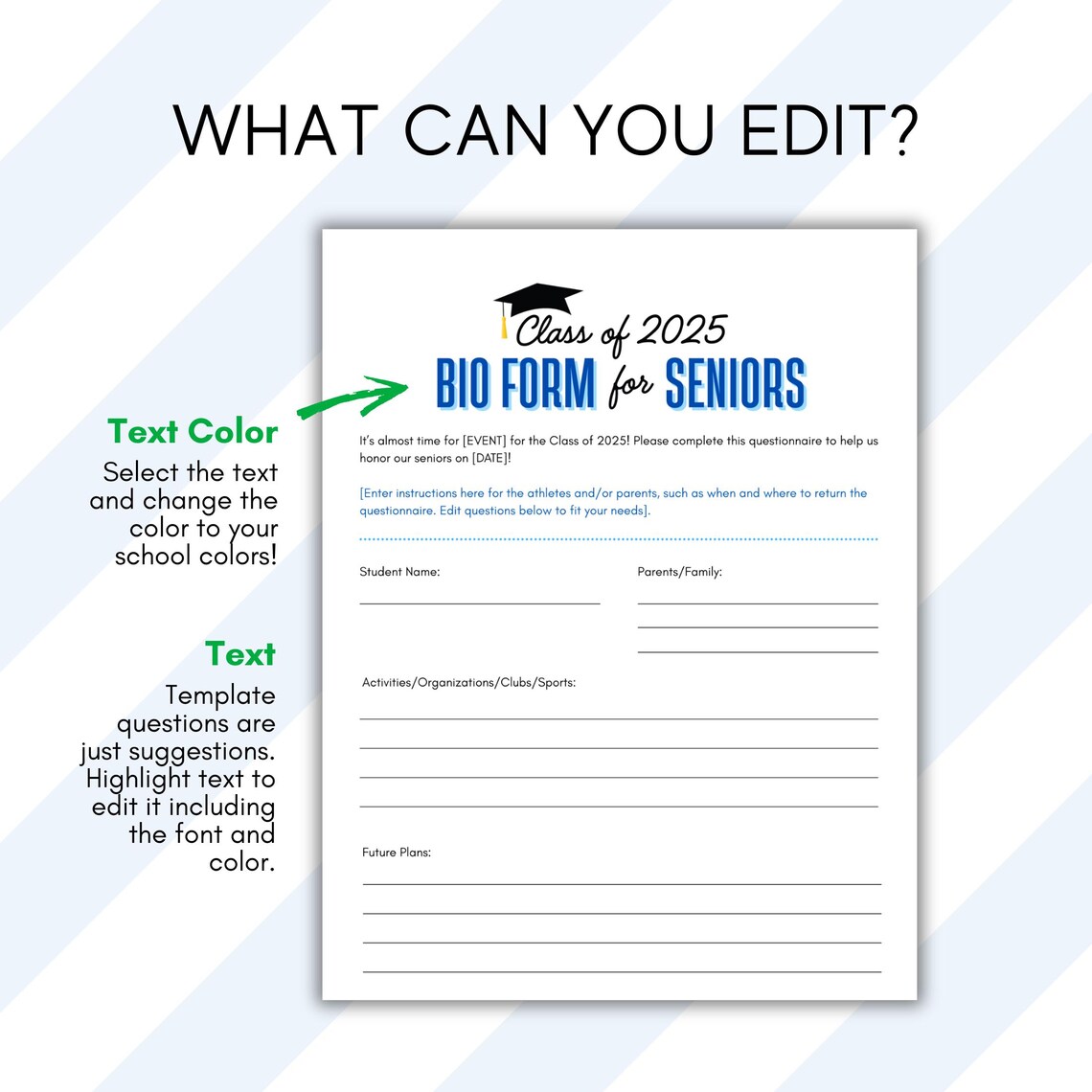 High School Senior Bio Form | Senior Awards or Graduation Questionnaire ...
