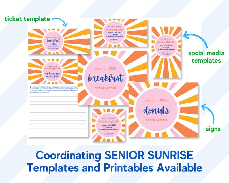 Op de afbeelding: Een verzameling printbare sjablonen voor een Senior Sunrise-evenement, met een zonnestraalpatroon in oranje, geel en roze. De ontwerpen bevatten tickets, social media-sjablonen en borden met tekst zoals breakfast, donuts en class of 2022.