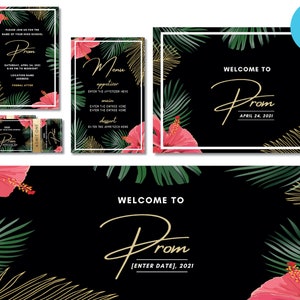 Tropical Prom Template Bundle mit Einladung, Ticket, Menü, Postern und Banner. Bearbeitbare Vorlagen für Abschlussball oder Schultanz