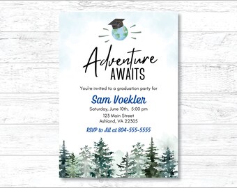 Adventure Awaits Graduation Party Invitation, Bon Voyage Theme (Digital Template)