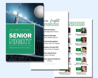 Bewerkbare volleybal Senior Night programmasjabloon - aanpasbare digitale Canva-sjabloon