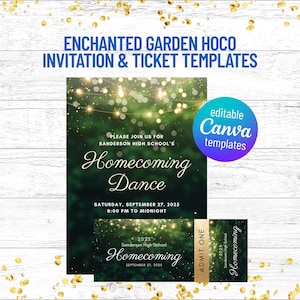 Enchanted Garden Homecoming Invitation & Ticket Templates: Editable Canva Designs (Digital Download)