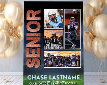 May include: A vertical rectangular poster featuring the word SENIOR in a textured football-like pattern, four football action photos, and the text CHASE LASTNAME, CLASS OF 2027, VARSITY FOOTBALL, and PANTHER CREEK HIGH SCHOOL on a green field background.