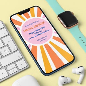 May include: A smartphone displaying a digital flyer for East High School Senior Sunrise on August 28th, 2024, at 5:30 am in the football stadium. The graphic features a pink circle centered on a white background with orange and pink sunburst rays.