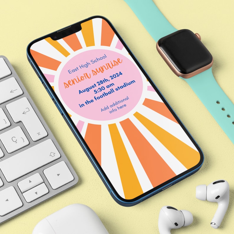 May include: A smartphone displaying a digital flyer for East High School Senior Sunrise on August 28th, 2024, at 5:30 am in the football stadium. The graphic features a pink circle centered on a white background with orange and pink sunburst rays.