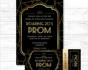 Art Deco uitnodigings- en ticketsjablonen voor prom, evenement of feest, bewerkbare sjablonen voor schooldans