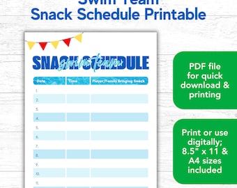 Swim Team Snack Schedule Form: Printable Digital Organizer (A4 & US Letter Sizes)