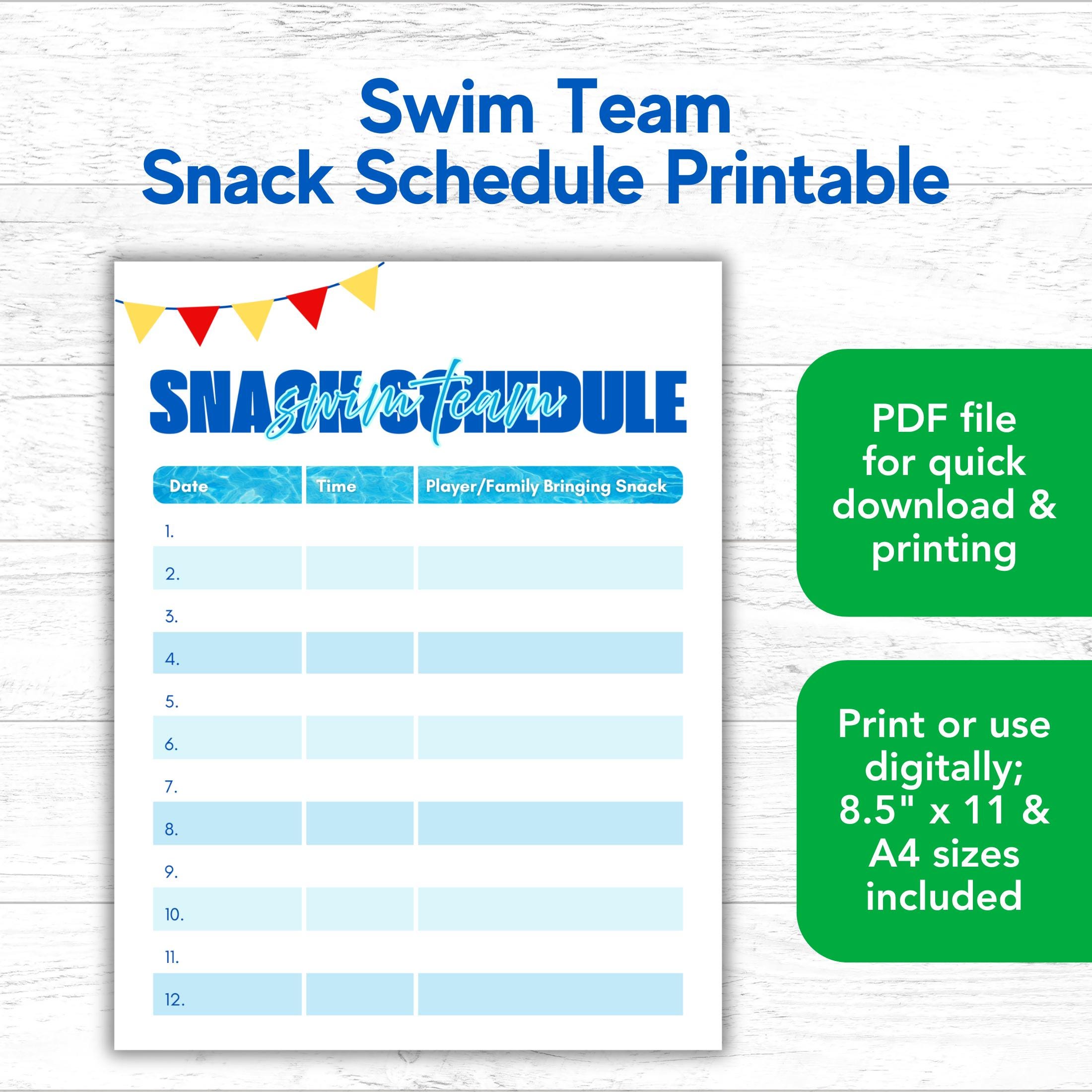 Formulario de programación de refrigerios del equipo de natación / Organizador imprimible y digital para competencias de verano / Tamaños A4 y carta de EE. UU.