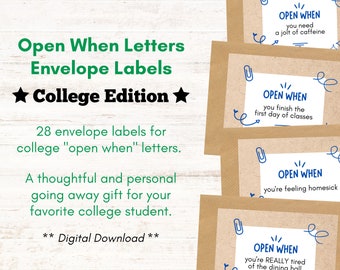 Open When Letter Labels, Back to College Gift, Letters for College Freshmen