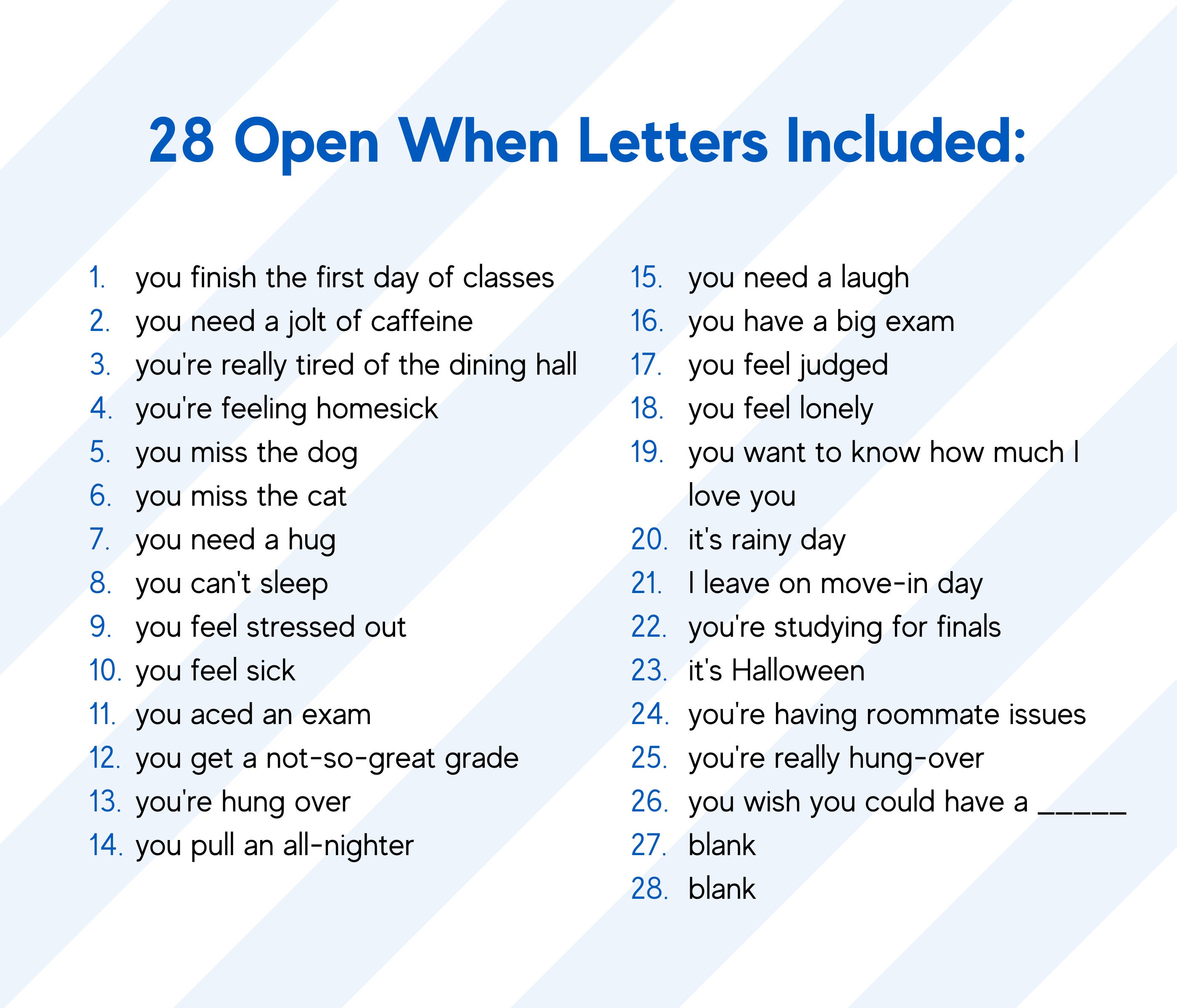 Open When Letters List