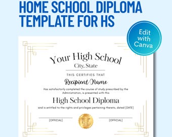 Home School Diploma Template, Editable High School Diploma, High School Graduation, Printable DIY Diploma