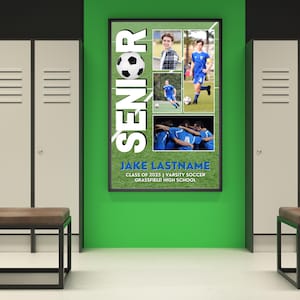 Senior soccer poster template hanging in a locker room