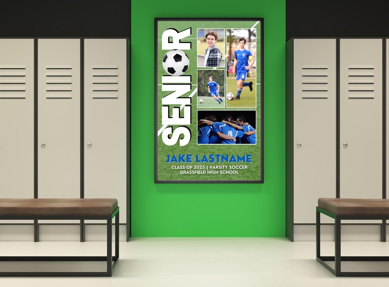 Senior soccer poster template hanging in a locker room