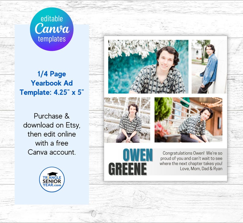 Senior yearbook ad template for boys, full size 4.25 x 5