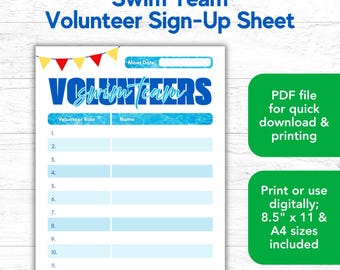 Swim Team Volunteer Sign-Up Form: Printable Organizer (A4 & US Letter Sizes)