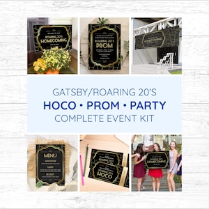 May include: A complete event kit for a Roaring 20s themed party, including signs, invitations, menus, and tickets. The items feature a black background with gold geometric lines and text that reads Roaring 20s Homecoming, Prom, and Menu.