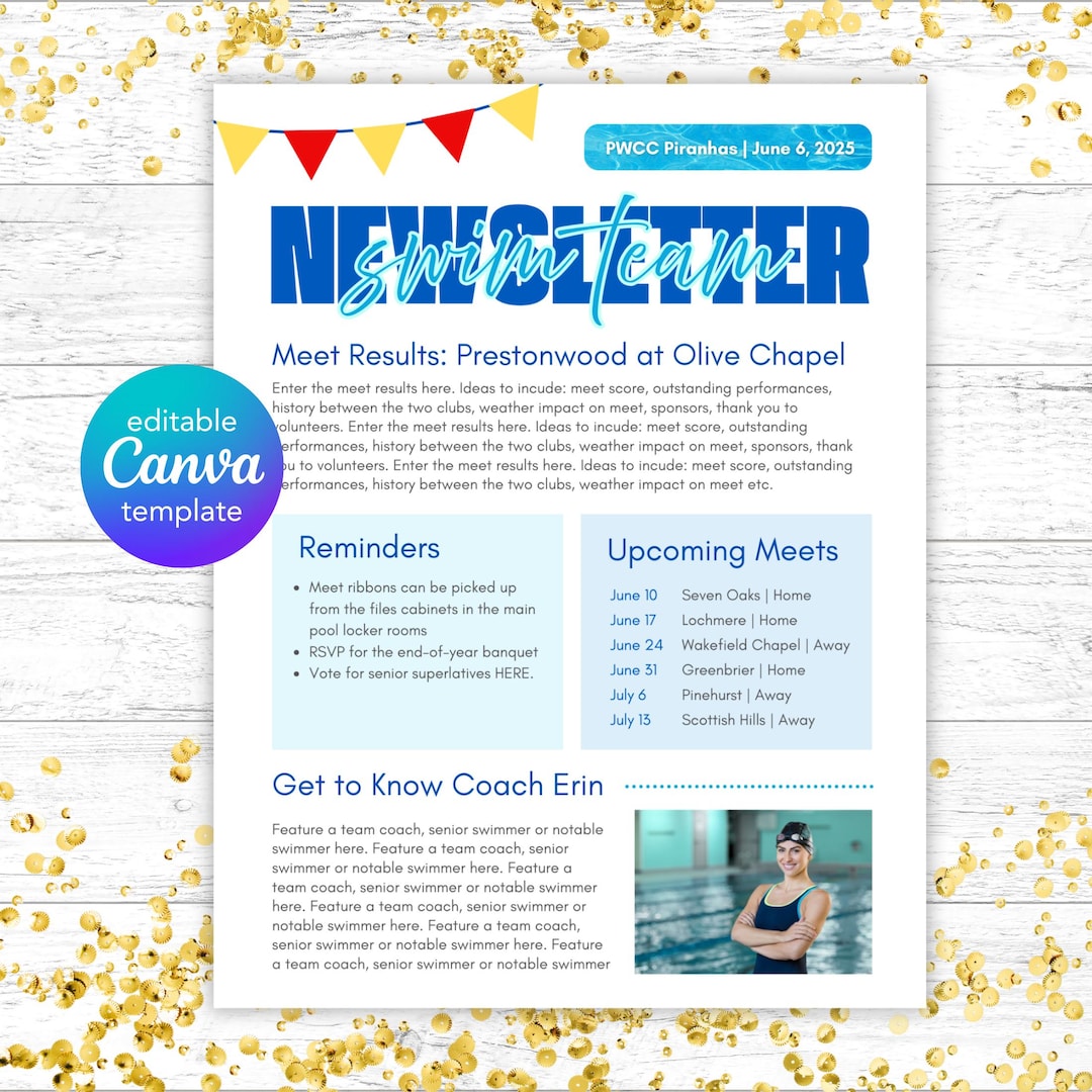Pool Owner Newsletter Editable Swim Team Newsletter Template | Canva Design for Coaches ...